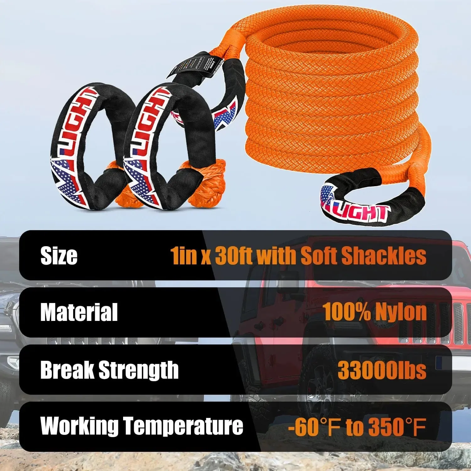 1In x 30FT Kinetic Recovery Rope & 2PCS 1/2In x 24In Soft Shackle