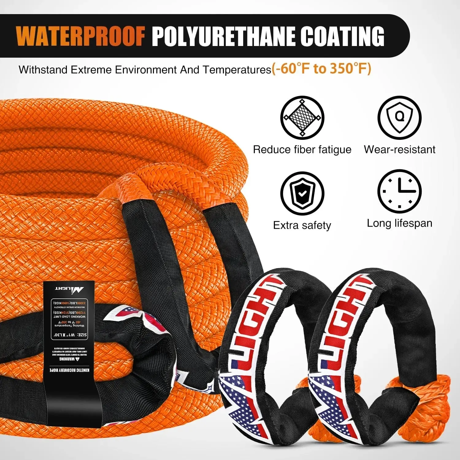 1In x 30FT Kinetic Recovery Rope & 2PCS 1/2In x 24In Soft Shackle