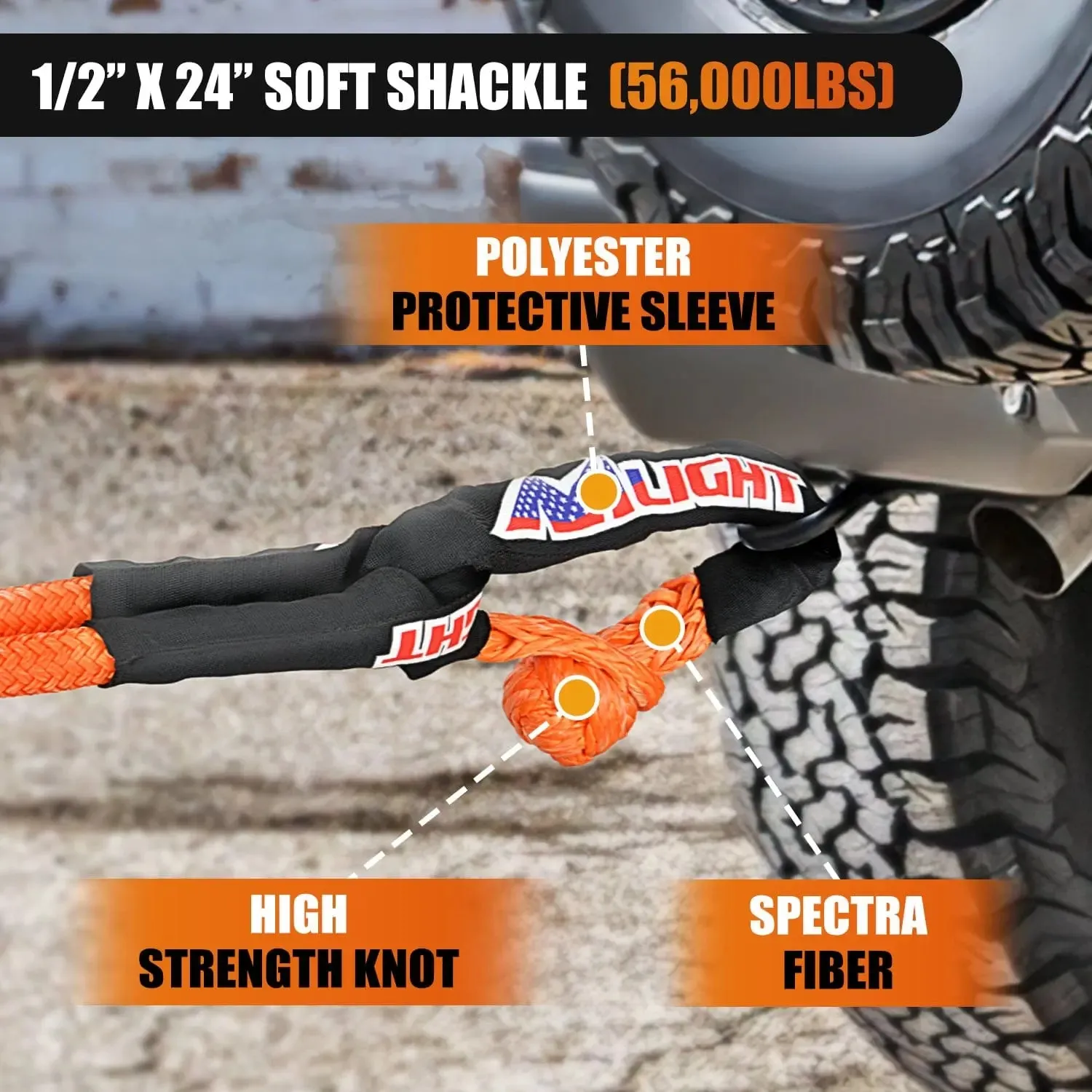 1In x 30FT Kinetic Recovery Rope & 2PCS 1/2In x 24In Soft Shackle