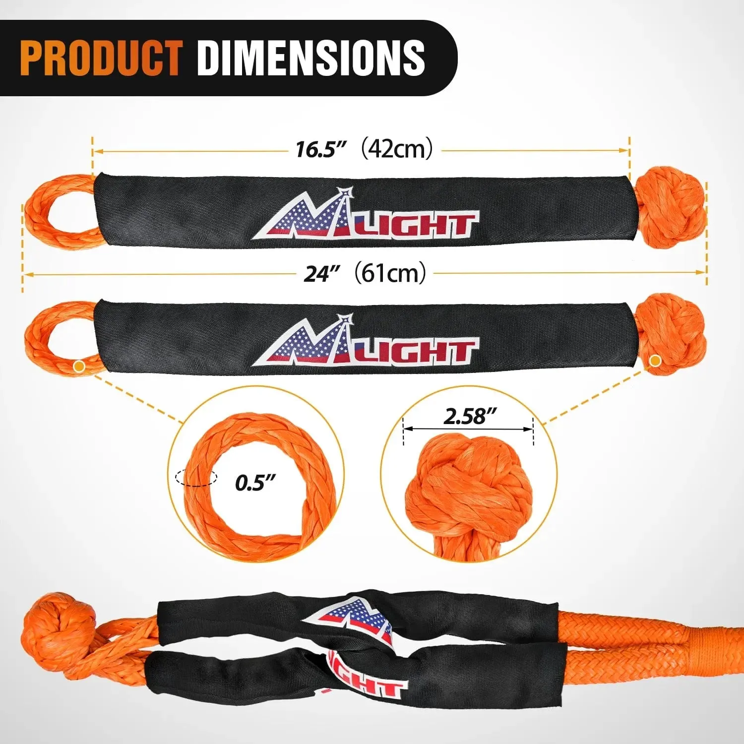1In x 30FT Kinetic Recovery Rope & 2PCS 1/2In x 24In Soft Shackle