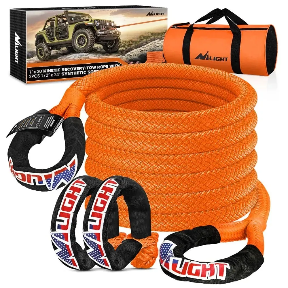 1In x 30FT Kinetic Recovery Rope & 2PCS 1/2In x 24In Soft Shackle