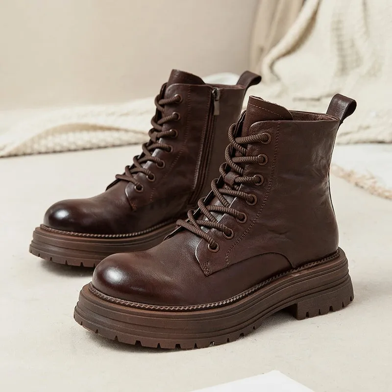 Lace-Up Leather Combat Platform Boots - 50mm Round Toe Martin Style in Brown/Black