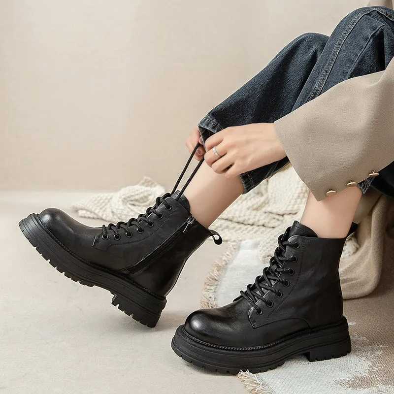 Lace-Up Leather Combat Platform Boots - 50mm Round Toe Martin Style in Brown/Black