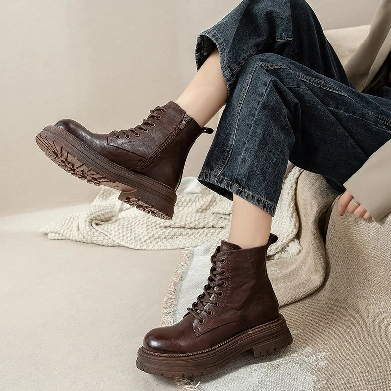 Lace-Up Leather Combat Platform Boots - 50mm Round Toe Martin Style in Brown/Black