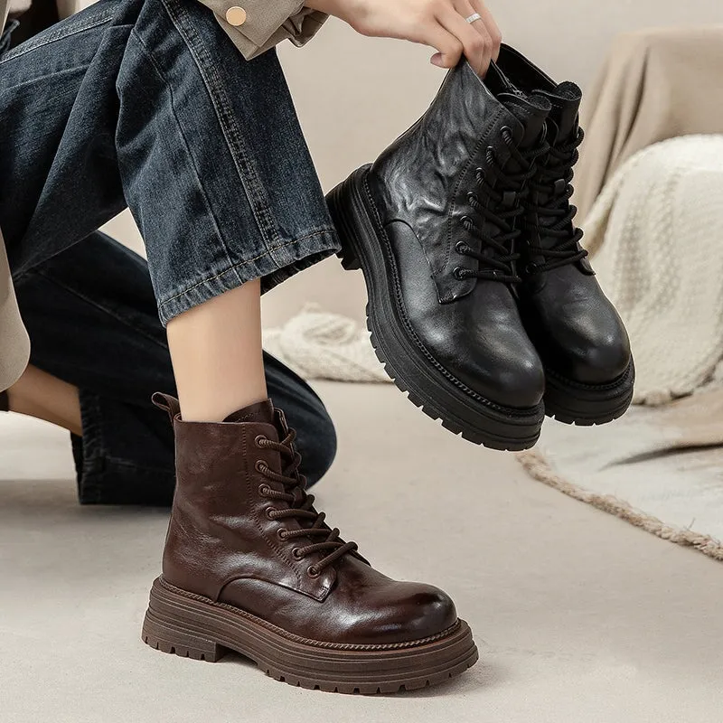 Lace-Up Leather Combat Platform Boots - 50mm Round Toe Martin Style in Brown/Black