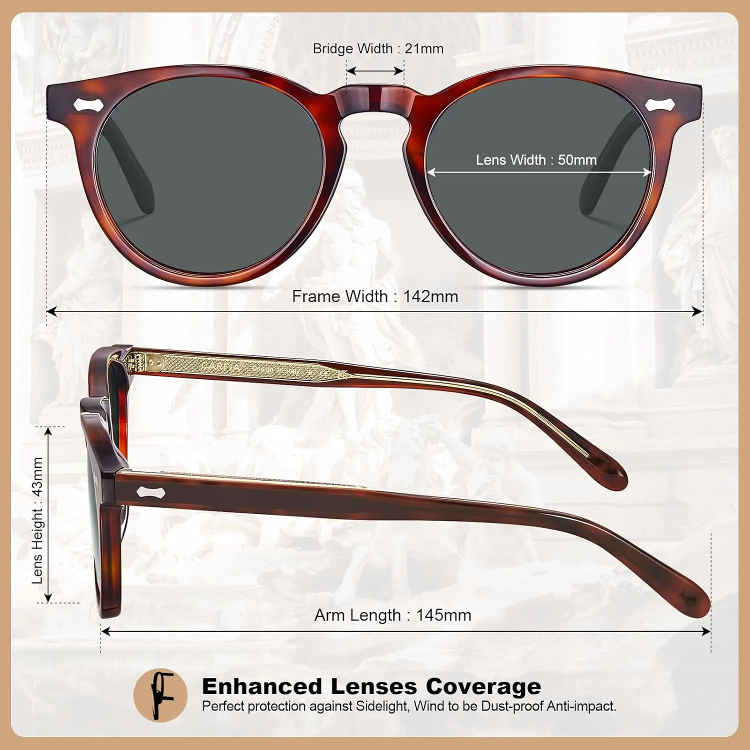 CARFIA Retro Acetate Polarized Sunglasses for Men UV Protection, Vintage Round Frame Eyewear with Gold Filigree CA5506