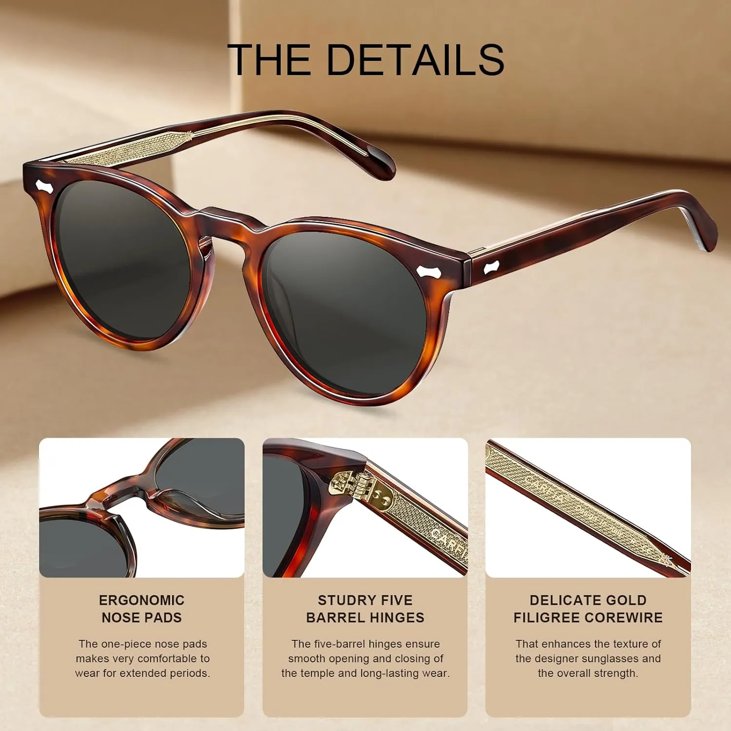 CARFIA Retro Acetate Polarized Sunglasses for Men UV Protection, Vintage Round Frame Eyewear with Gold Filigree CA5506