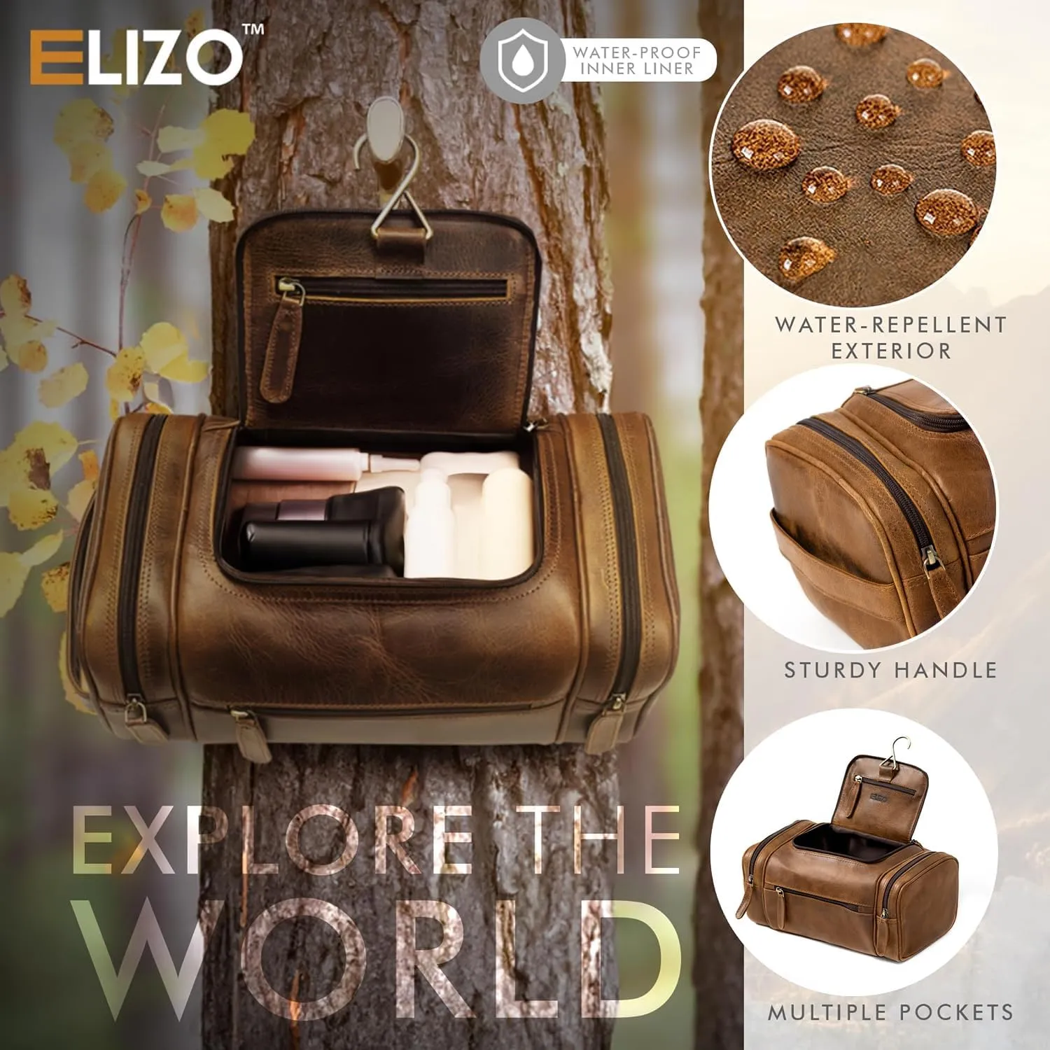 ELIZO Leather Toiletry Bag - Dopp Kit for Men & Women | Large Travel Bag | Waterproof Lining | Hanging Bathroom Organizer | Multiple Pockets, Sturdy Handle | Shaving & Grooming Kit