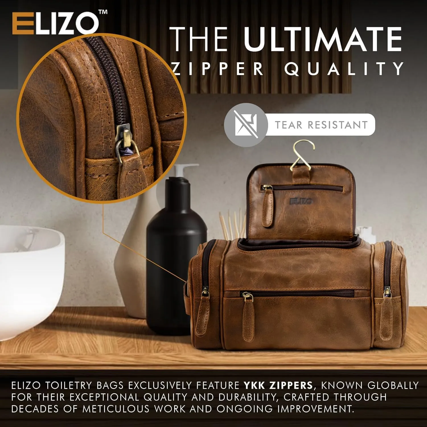 ELIZO Leather Toiletry Bag - Dopp Kit for Men & Women | Large Travel Bag | Waterproof Lining | Hanging Bathroom Organizer | Multiple Pockets, Sturdy Handle | Shaving & Grooming Kit