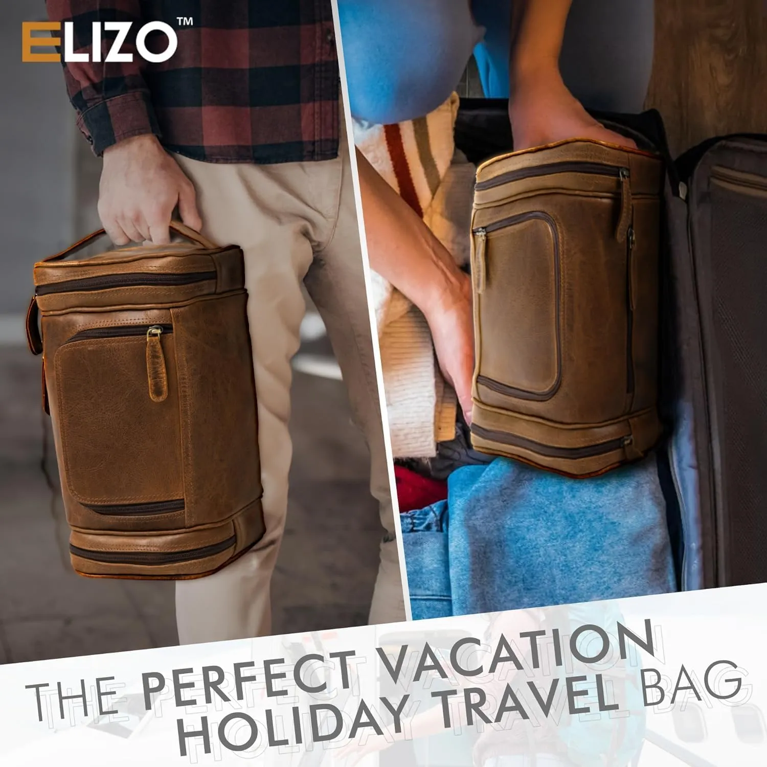ELIZO Leather Toiletry Bag - Dopp Kit for Men & Women | Large Travel Bag | Waterproof Lining | Hanging Bathroom Organizer | Multiple Pockets, Sturdy Handle | Shaving & Grooming Kit