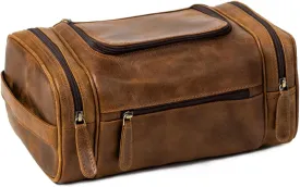 ELIZO Leather Toiletry Bag - Dopp Kit for Men & Women | Large Travel Bag | Waterproof Lining | Hanging Bathroom Organizer | Multiple Pockets, Sturdy Handle | Shaving & Grooming Kit