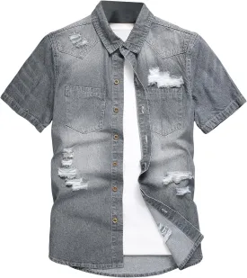 Floerns Men's Causal Ripped Button Front Dual Pocket Short Sleeve Denim Shirt Without Tee