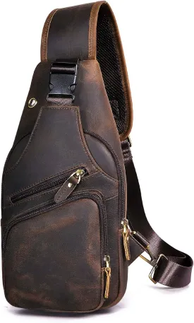 Le'aokuu Men Fashion Casual Tea Designer Travel Hiking Crossbody Chest Sling Bag Rig One Shoulder Strap Bag Men Leather 8015