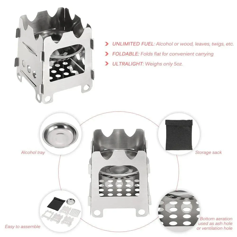 Lixada Folding Wood Stove Outdoor Camping Stove with Alcohol Tray Ultralight Stainless Steel Pocket Burner for Picnic Hiking