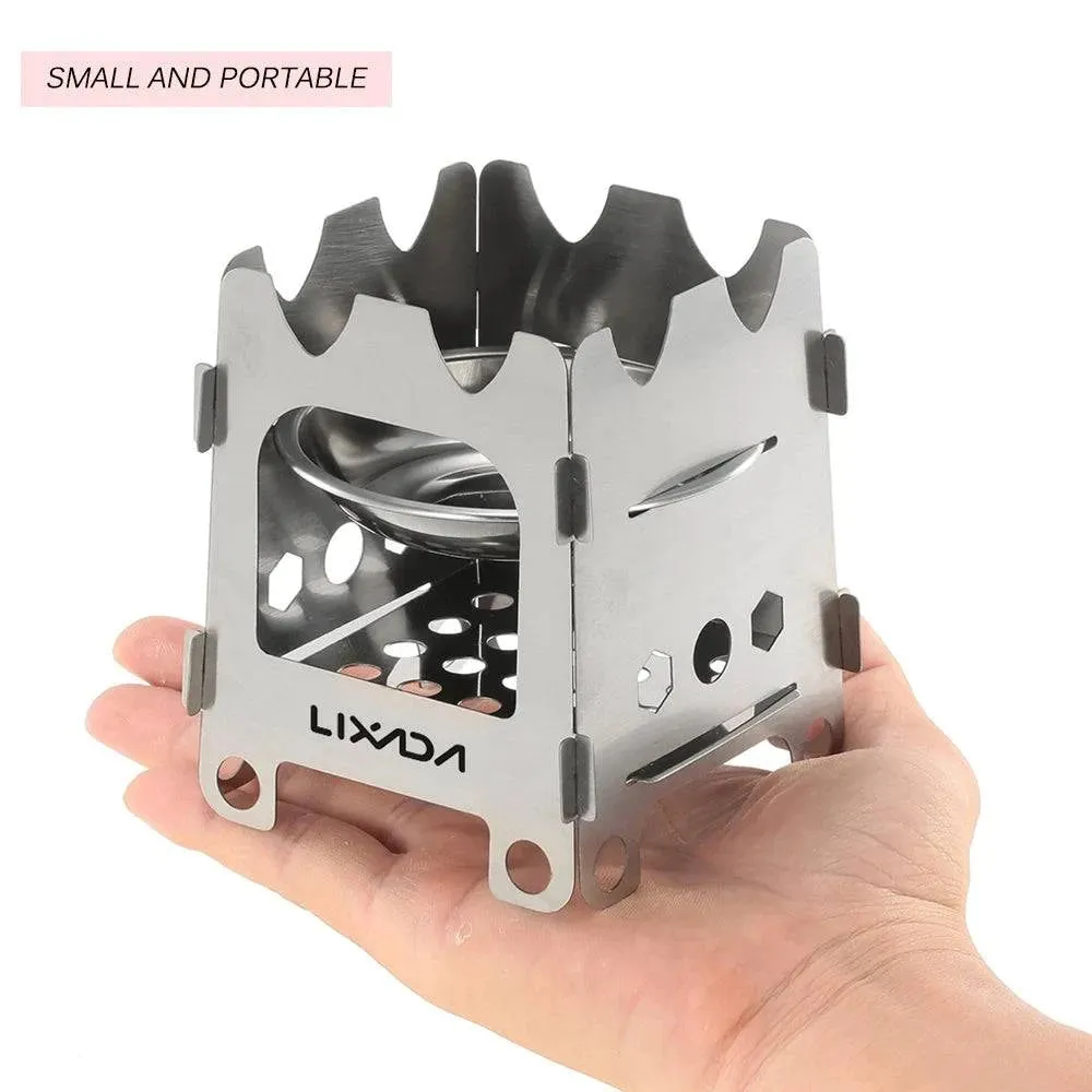 Lixada Folding Wood Stove Outdoor Camping Stove with Alcohol Tray Ultralight Stainless Steel Pocket Burner for Picnic Hiking