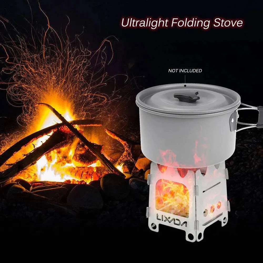 Lixada Folding Wood Stove Outdoor Camping Stove with Alcohol Tray Ultralight Stainless Steel Pocket Burner for Picnic Hiking