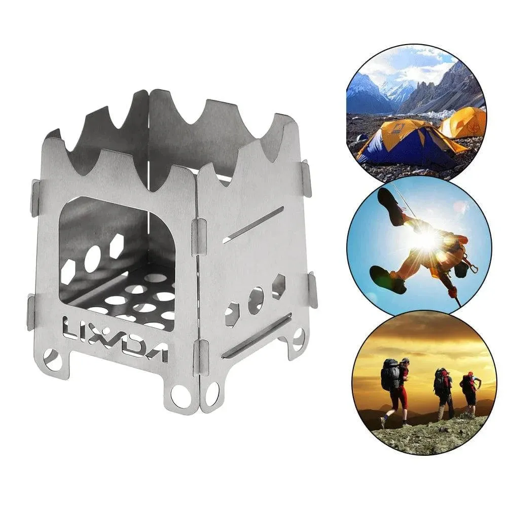 Lixada Folding Wood Stove Outdoor Camping Stove with Alcohol Tray Ultralight Stainless Steel Pocket Burner for Picnic Hiking