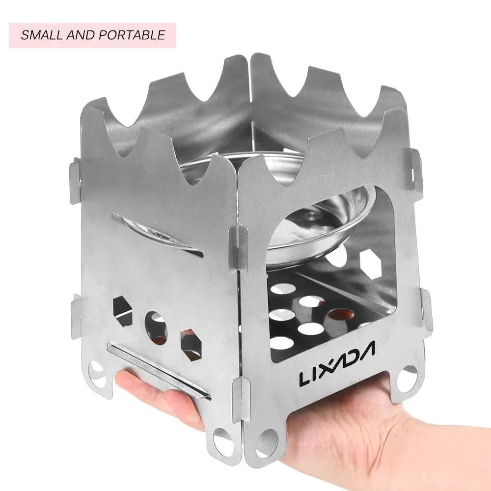 Lixada Folding Wood Stove Outdoor Camping Stove with Alcohol Tray Ultralight Stainless Steel Pocket Burner for Picnic Hiking