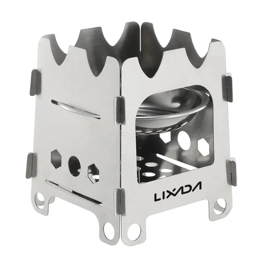 Lixada Folding Wood Stove Outdoor Camping Stove with Alcohol Tray Ultralight Stainless Steel Pocket Burner for Picnic Hiking