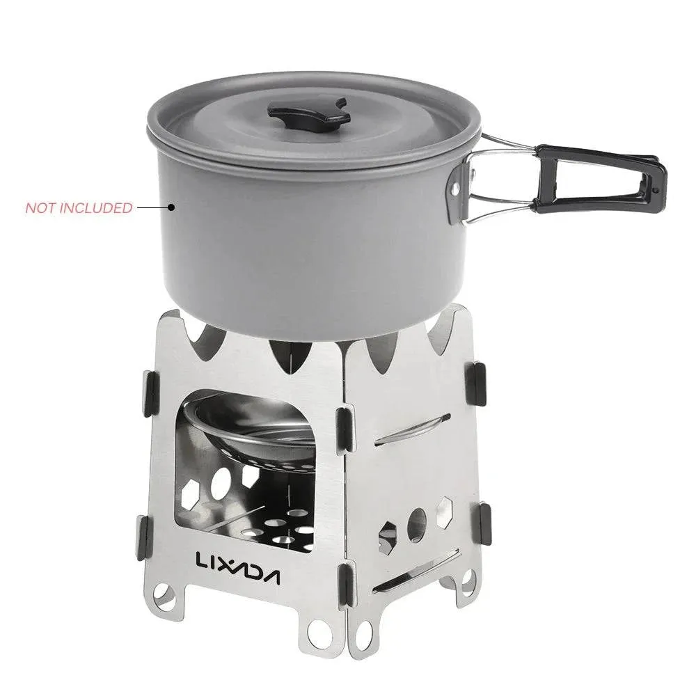 Lixada Folding Wood Stove Outdoor Camping Stove with Alcohol Tray Ultralight Stainless Steel Pocket Burner for Picnic Hiking