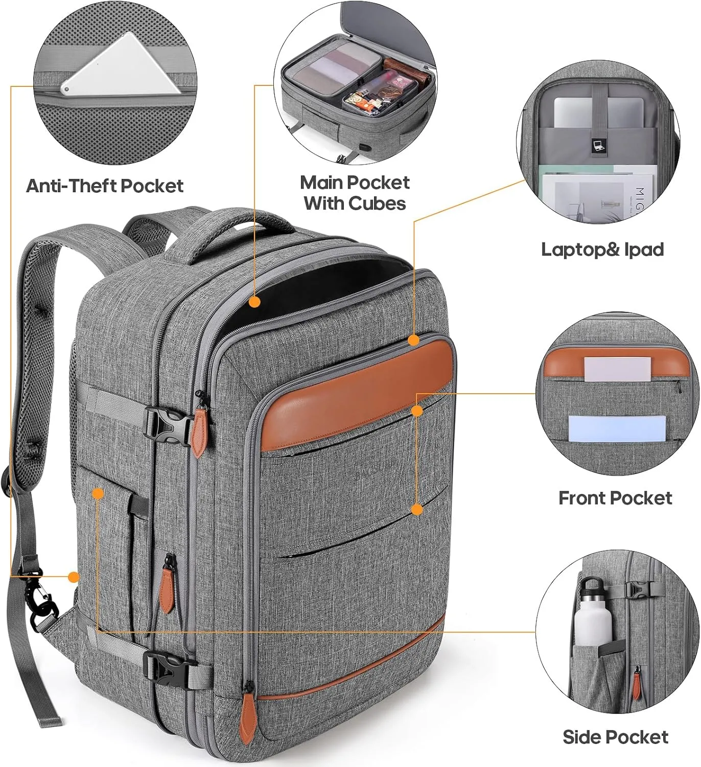 Luggage Sets 3 Piece, PC Hardside Carry On Luggage 20 Inch With Spinner Wheels with TSA Lock, Carry On Suitcase Set With Travel Backpack for Men (Grey-Brown, 3 piece set (20inch))