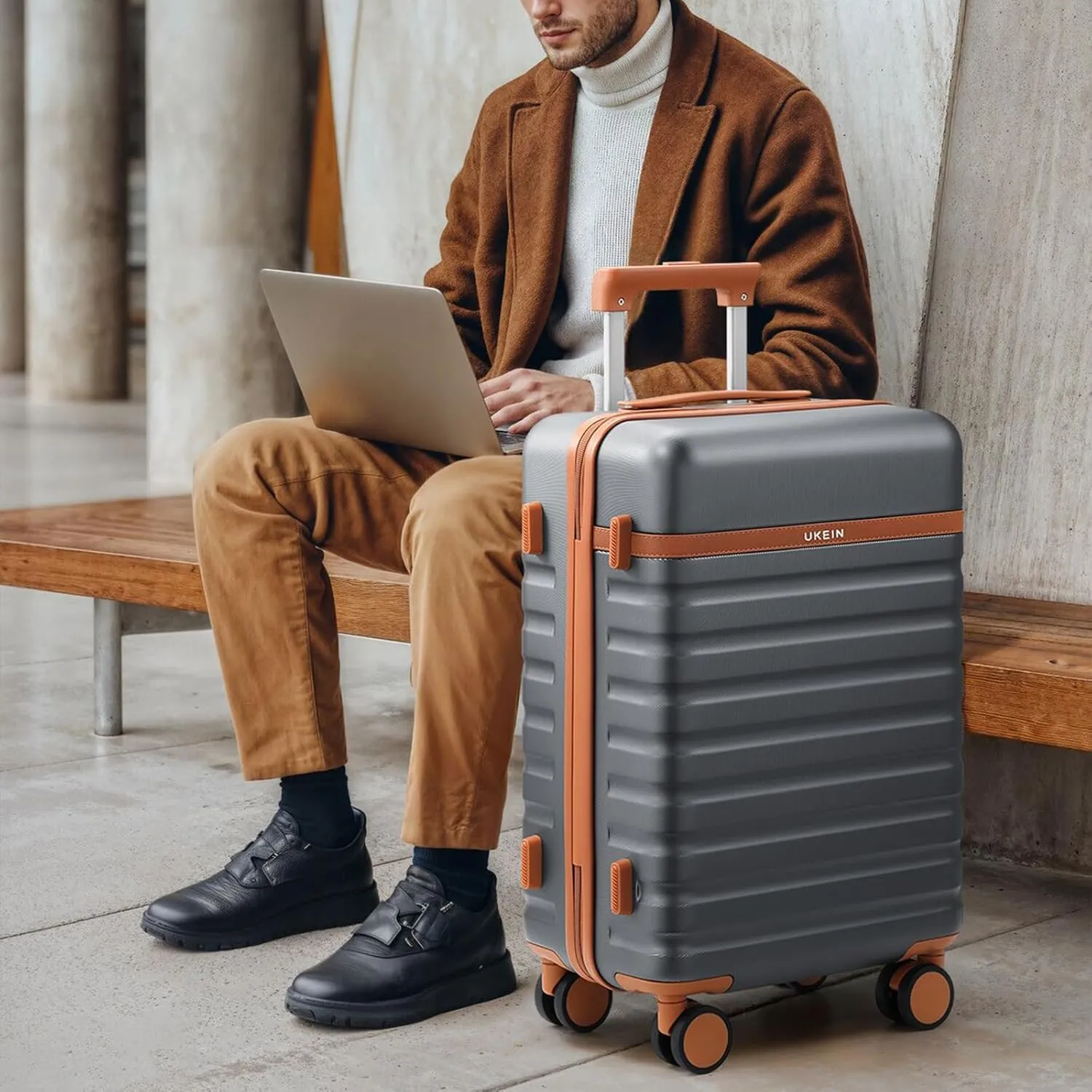 Luggage Sets 3 Piece, PC Hardside Carry On Luggage 20 Inch With Spinner Wheels with TSA Lock, Carry On Suitcase Set With Travel Backpack for Men (Grey-Brown, 3 piece set (20inch))