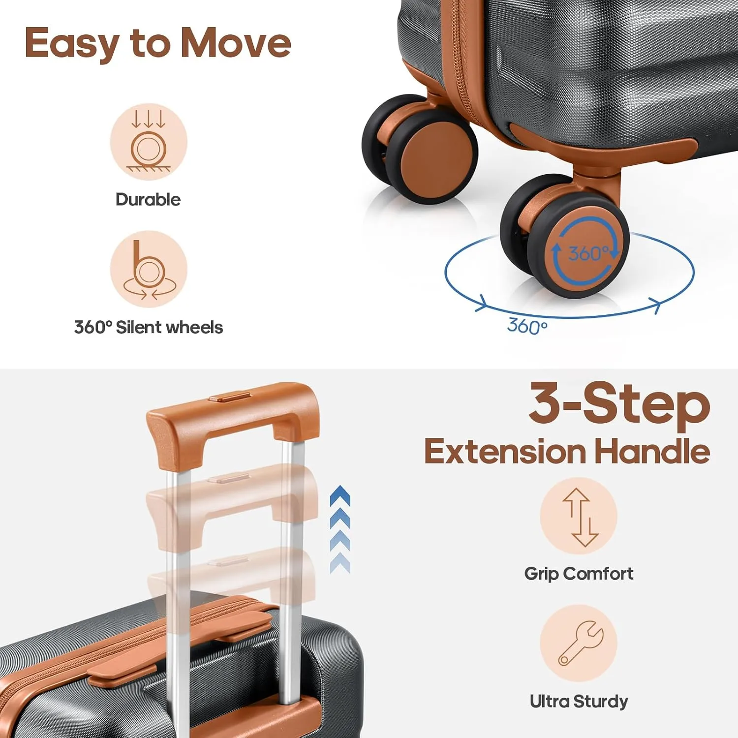 Luggage Sets 3 Piece, PC Hardside Carry On Luggage 20 Inch With Spinner Wheels with TSA Lock, Carry On Suitcase Set With Travel Backpack for Men (Grey-Brown, 3 piece set (20inch))