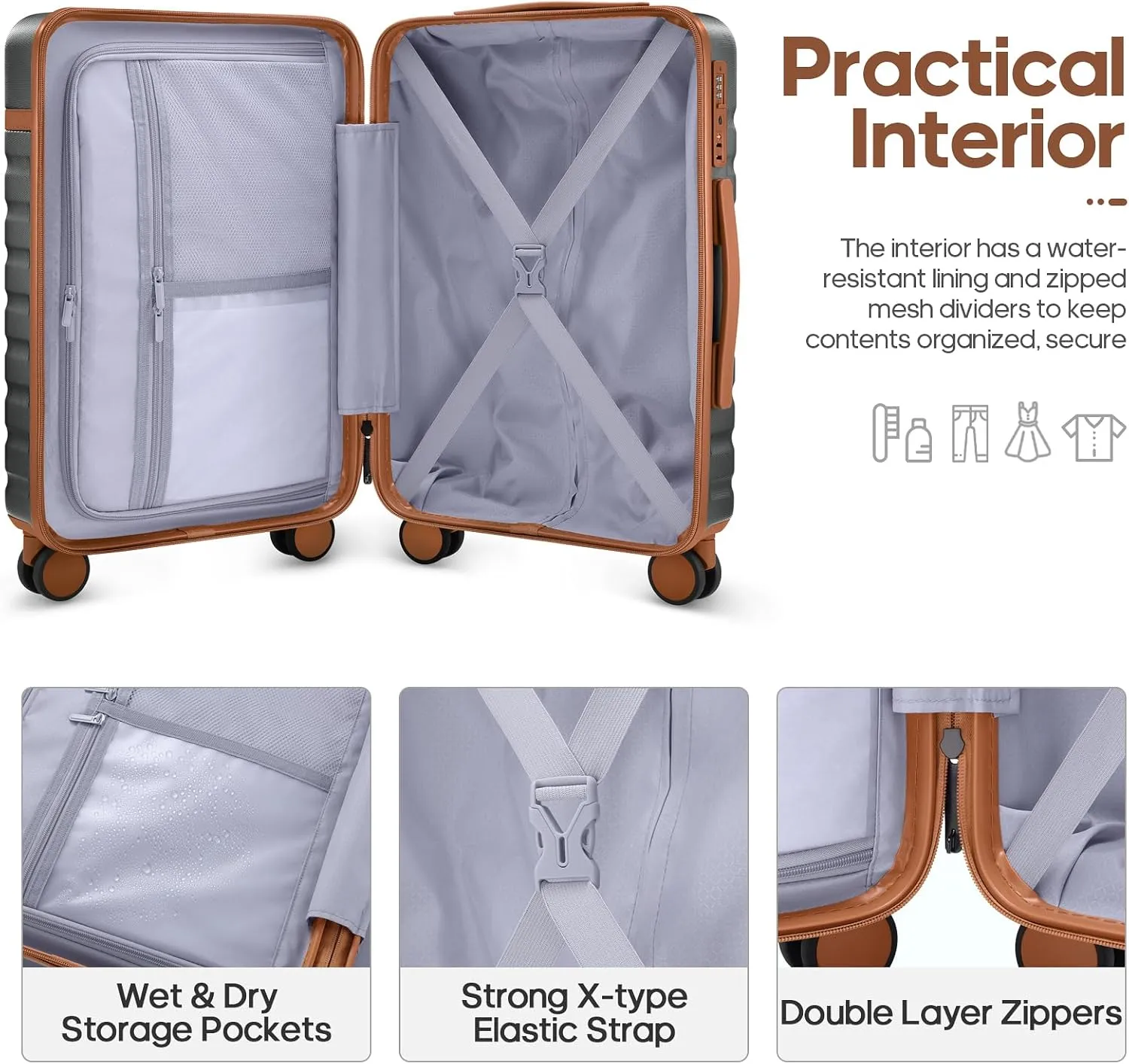 Luggage Sets 3 Piece, PC Hardside Carry On Luggage 20 Inch With Spinner Wheels with TSA Lock, Carry On Suitcase Set With Travel Backpack for Men (Grey-Brown, 3 piece set (20inch))