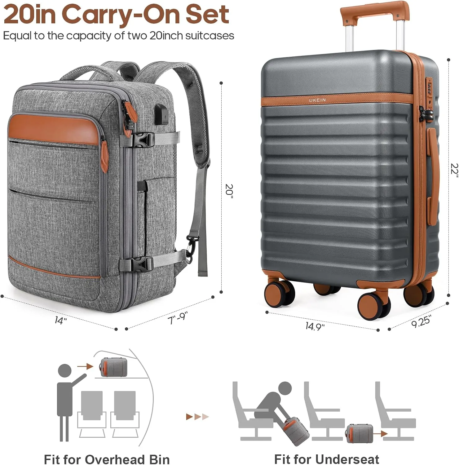 Luggage Sets 3 Piece, PC Hardside Carry On Luggage 20 Inch With Spinner Wheels with TSA Lock, Carry On Suitcase Set With Travel Backpack for Men (Grey-Brown, 3 piece set (20inch))