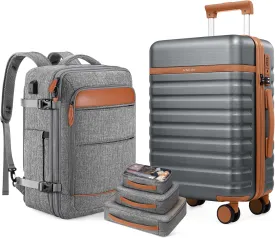 Luggage Sets 3 Piece, PC Hardside Carry On Luggage 20 Inch With Spinner Wheels with TSA Lock, Carry On Suitcase Set With Travel Backpack for Men (Grey-Brown, 3 piece set (20inch))