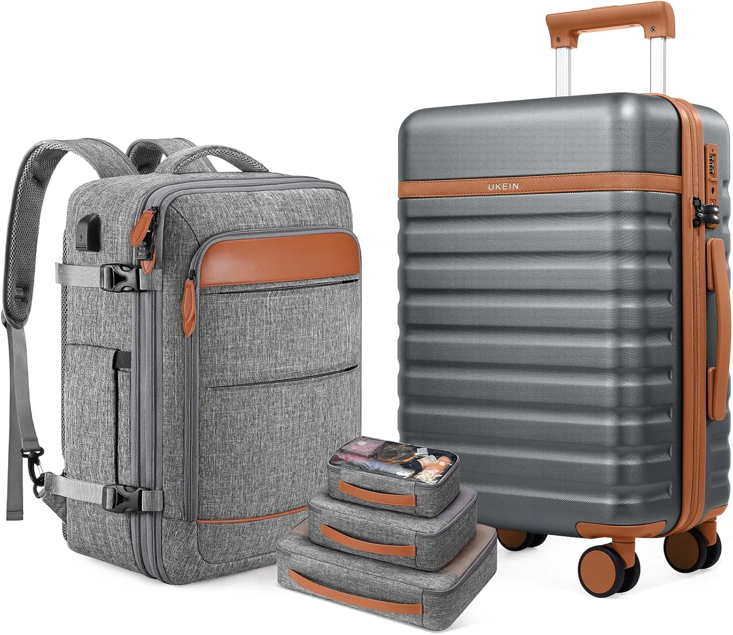 Luggage Sets 3 Piece, PC Hardside Carry On Luggage 20 Inch With Spinner Wheels with TSA Lock, Carry On Suitcase Set With Travel Backpack for Men (Grey-Brown, 3 piece set (20inch))