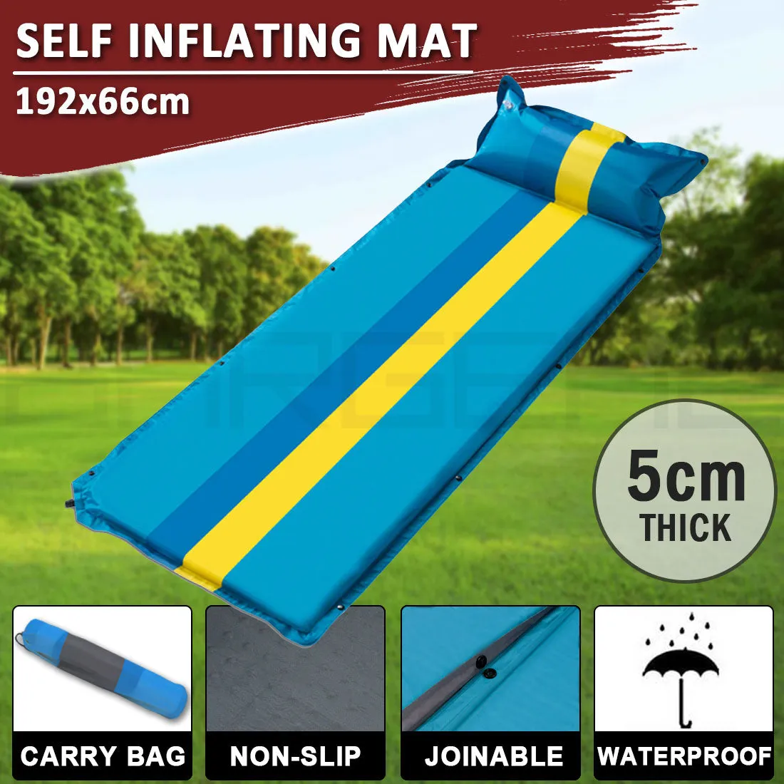 Self Inflating Mattress Sleeping Mat Air Bed Camping Camp Hiking Joinable Pillow - light blue