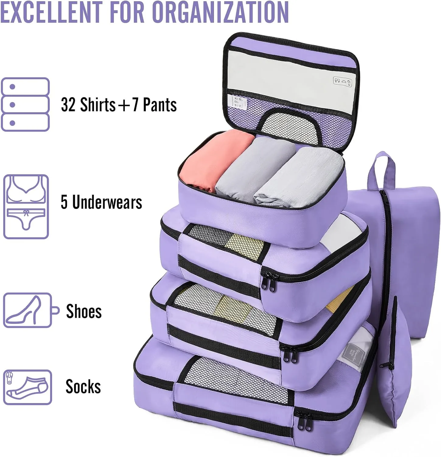 Veken 8 Set Packing Cubes for Travel Essentials, Suitcase Organizer Bags Set for Luggage, Road Trip Travel Accessories in 4 Sizes (Extra Large, Large, Medium, Small), Purple