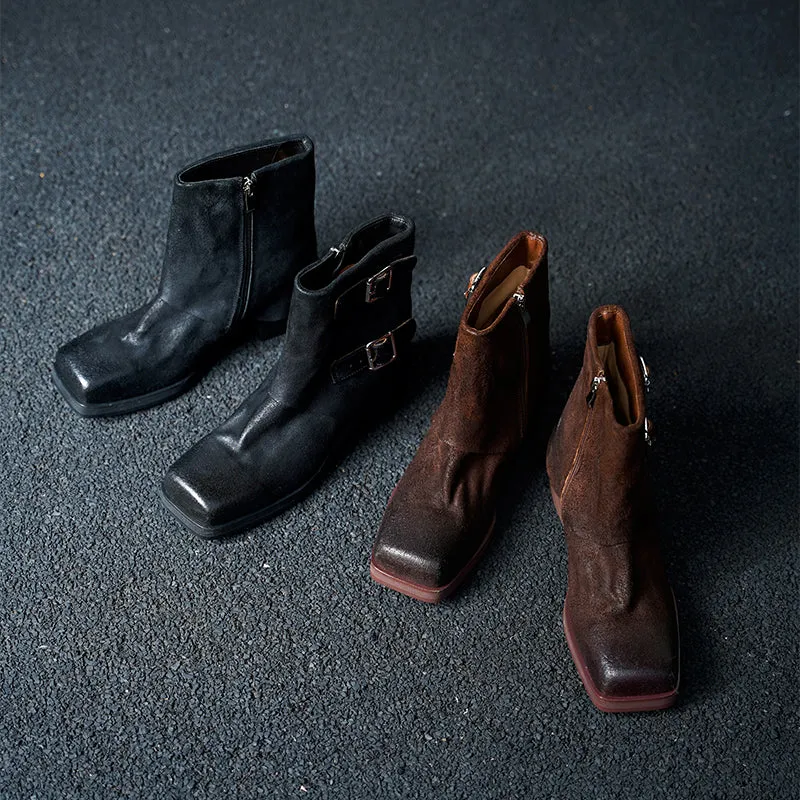 Women's Retro Horse Leather Short Boots for Winter Zipper Buckles Boots in Brown/Black