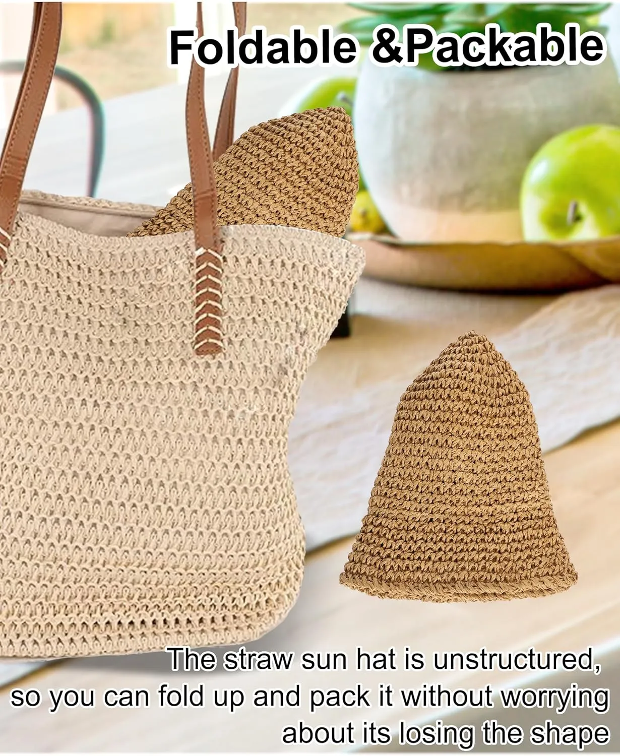 Womens Sun Hat Handmade Straw Bucket UV Protection Wide Brim Packable Travel Summer Cap for Beach UPF 50 