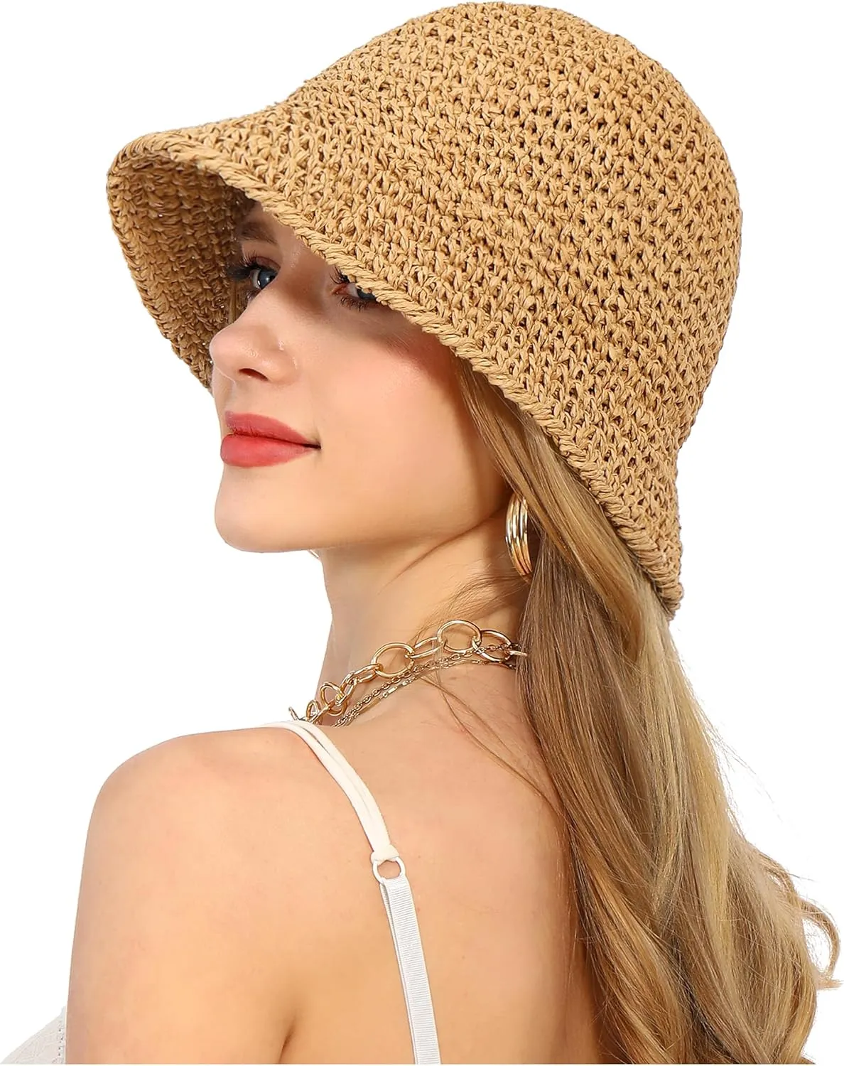 Womens Sun Hat Handmade Straw Bucket UV Protection Wide Brim Packable Travel Summer Cap for Beach UPF 50 