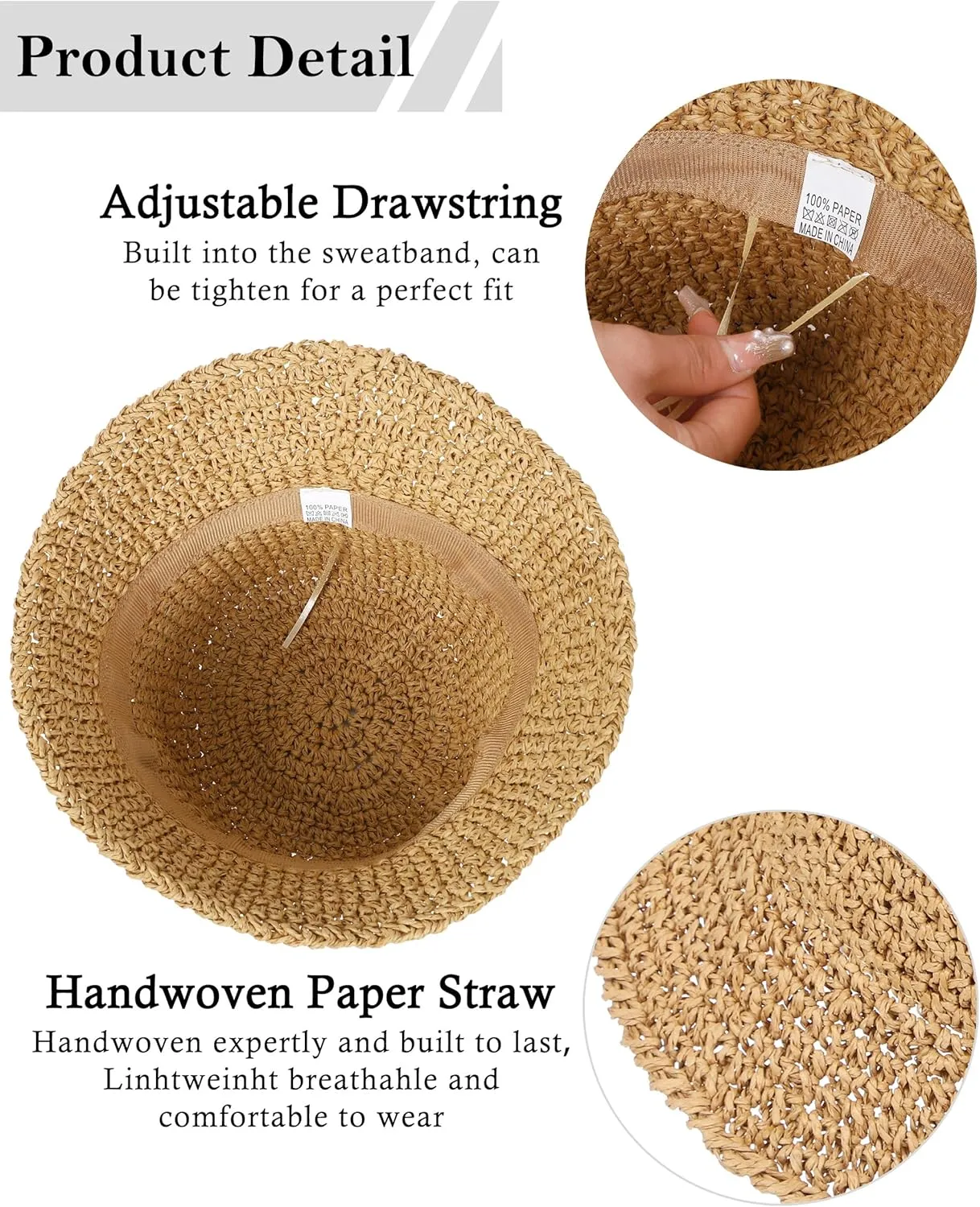 Womens Sun Hat Handmade Straw Bucket UV Protection Wide Brim Packable Travel Summer Cap for Beach UPF 50 